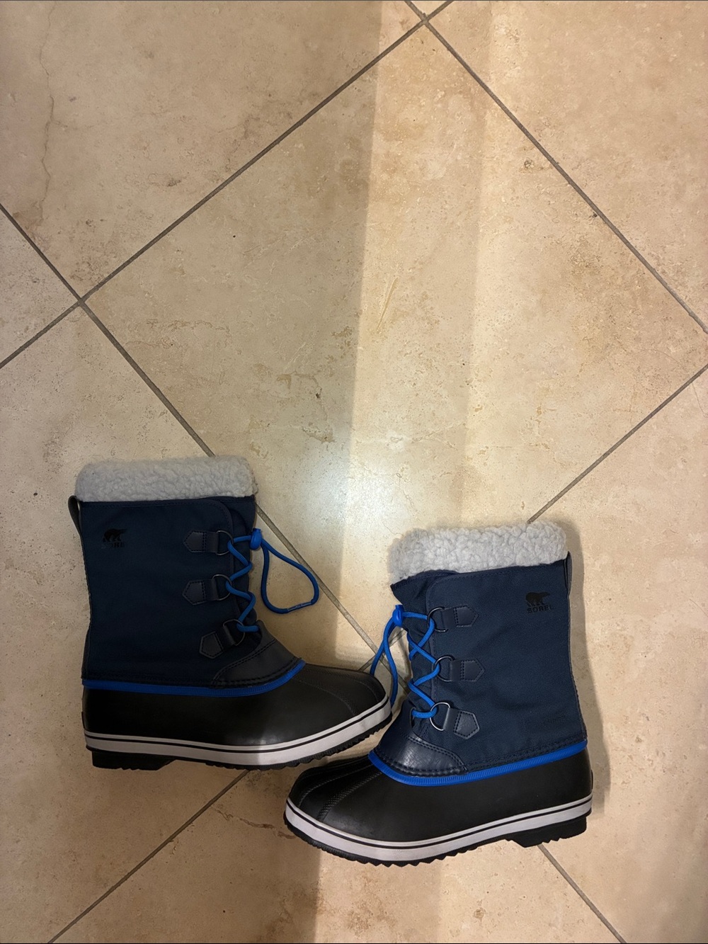 Sorel Black/Blue Yoot PAC Nylon Winter Boots White Fleece Cuff Sz 7